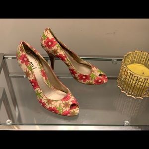 Floral Pink and Green Peep Toe Cork Heels